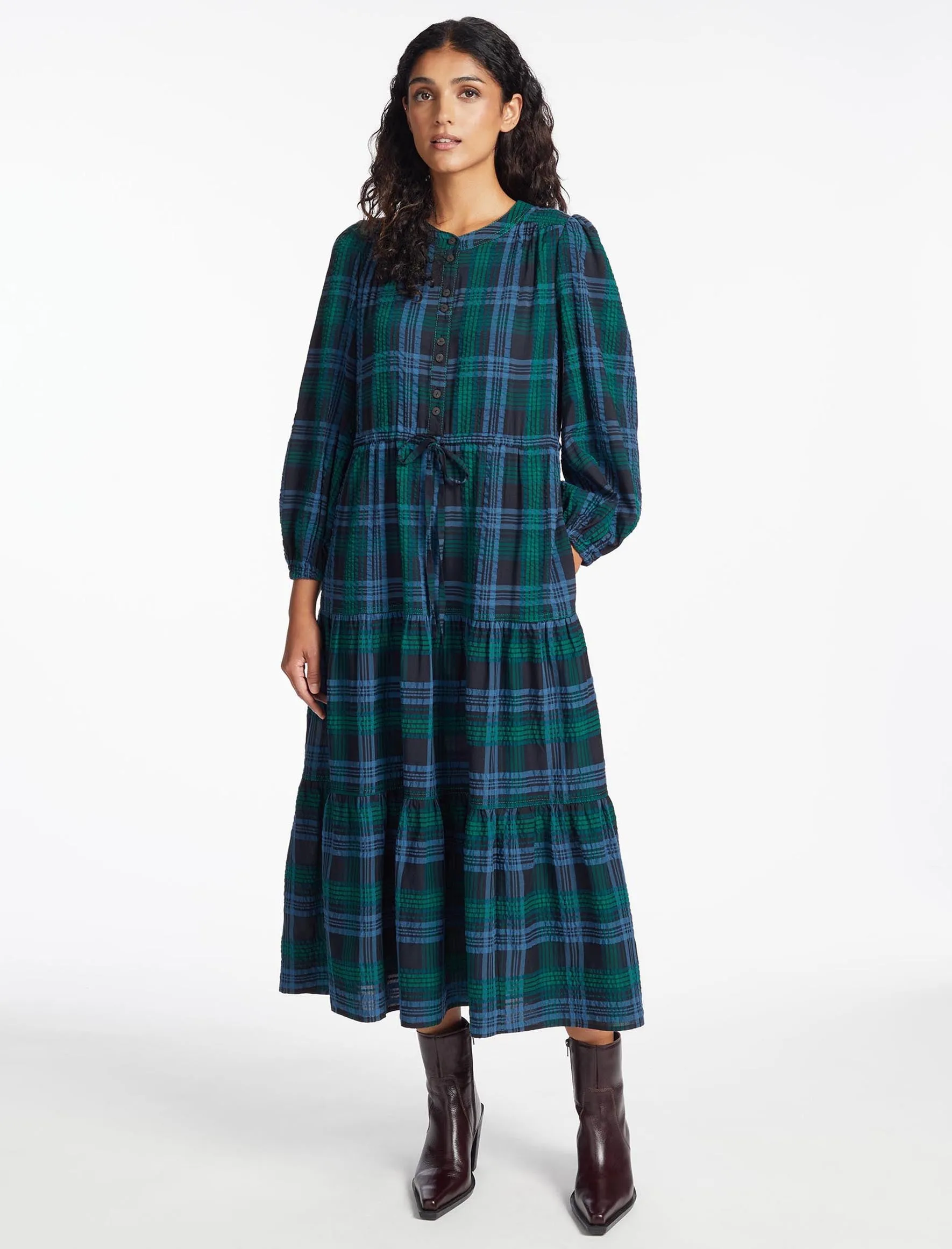 Alice Organic Cotton Seersucker Maxi Dress - Navy Green