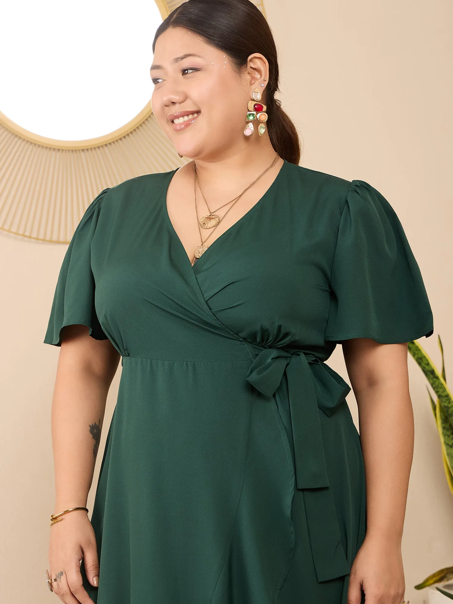 Berrylush Curve Women Green Solid V-Neck Flared Sleeves Wrap Maxi Dress