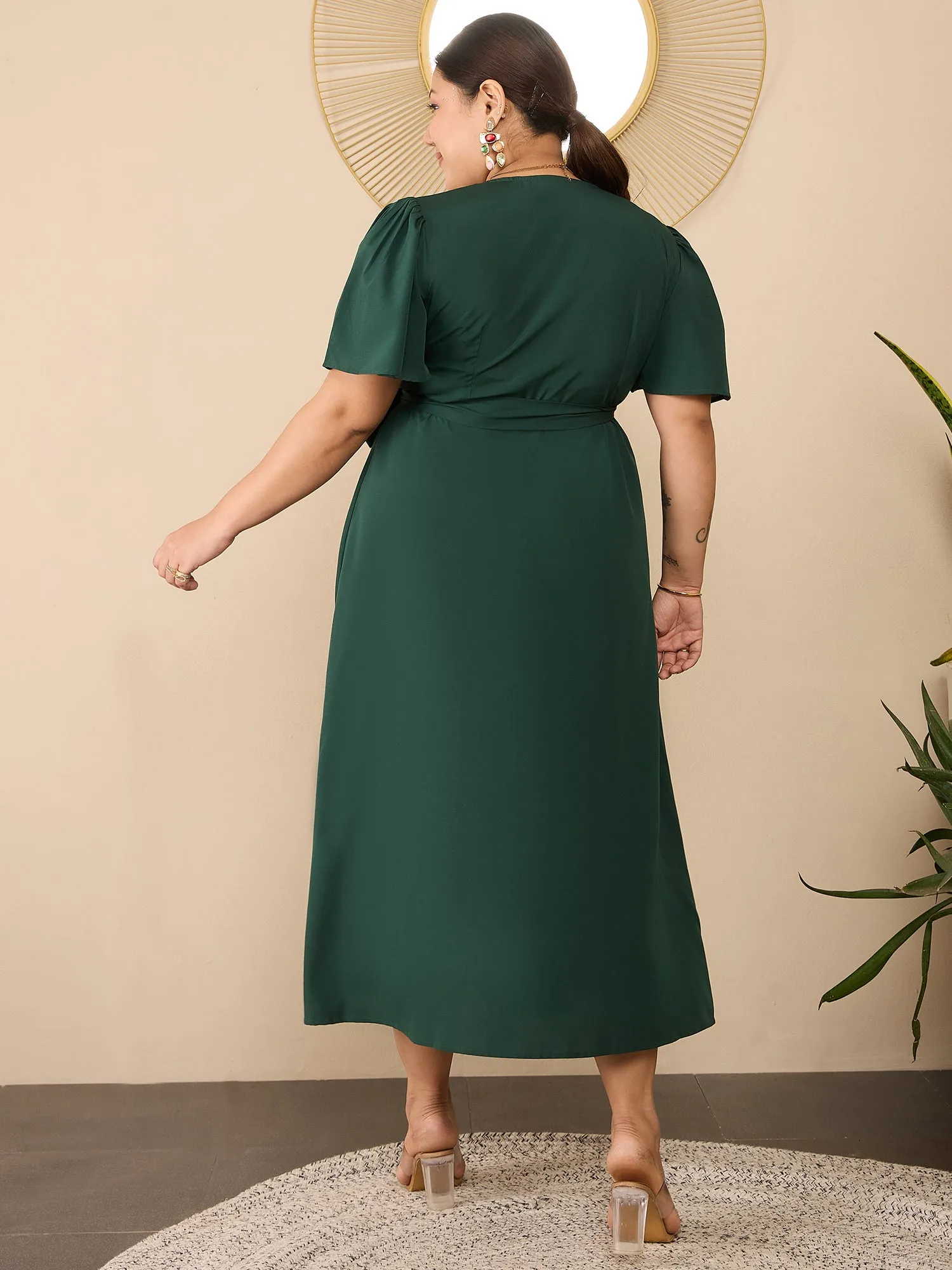 Berrylush Curve Women Green Solid V-Neck Flared Sleeves Wrap Maxi Dress