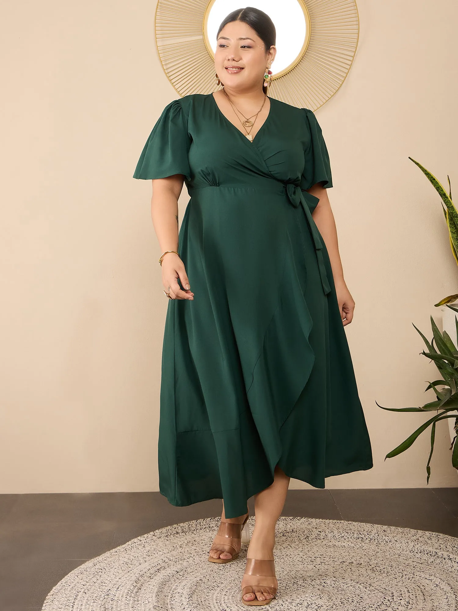 Berrylush Curve Women Green Solid V-Neck Flared Sleeves Wrap Maxi Dress