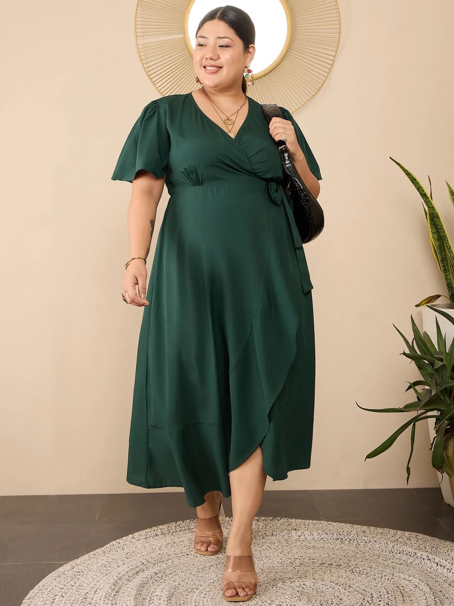 Berrylush Curve Women Green Solid V-Neck Flared Sleeves Wrap Maxi Dress
