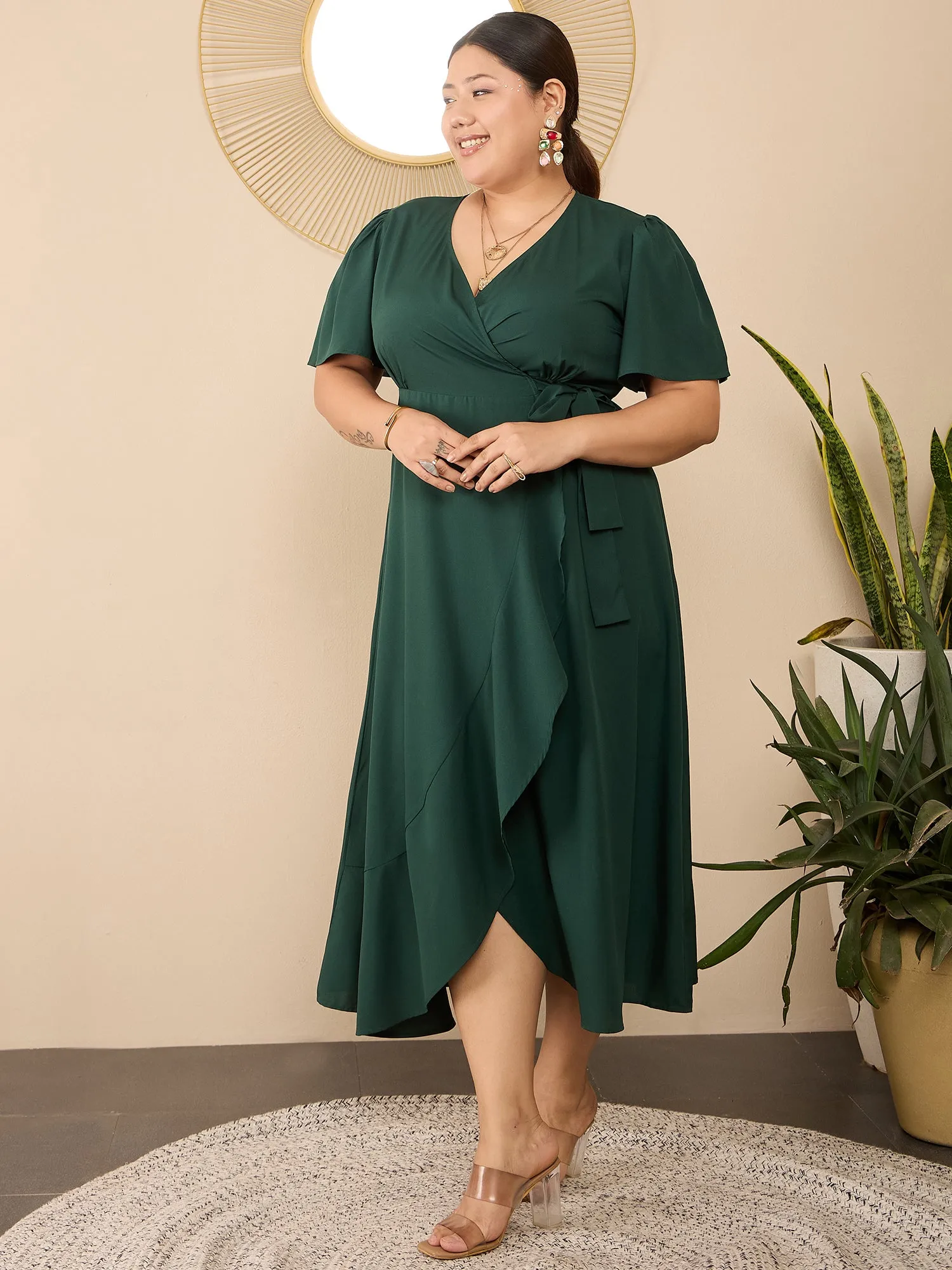 Berrylush Curve Women Green Solid V-Neck Flared Sleeves Wrap Maxi Dress