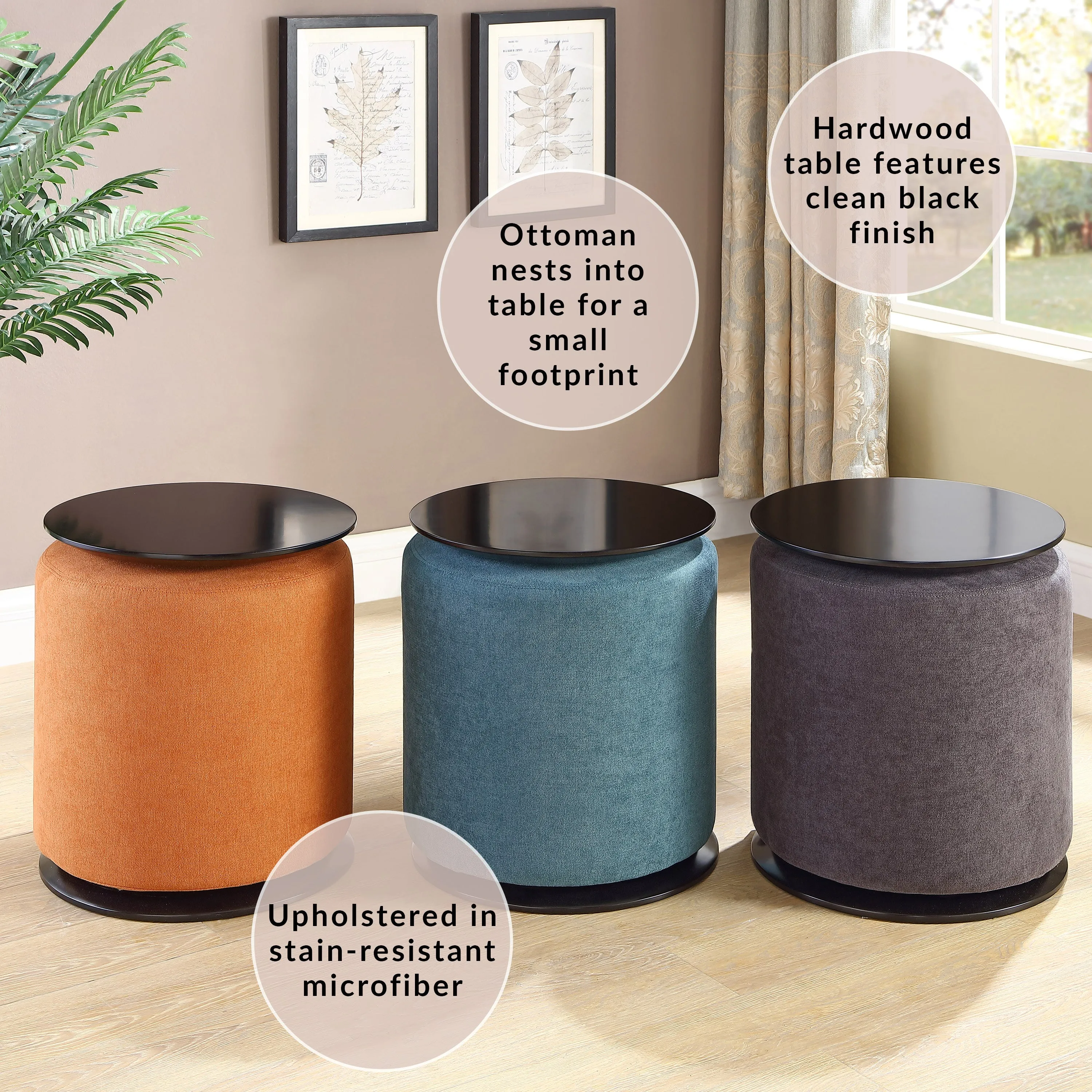 Black Accent Table with Nesting Lightweight Ottoman, 2-Piece