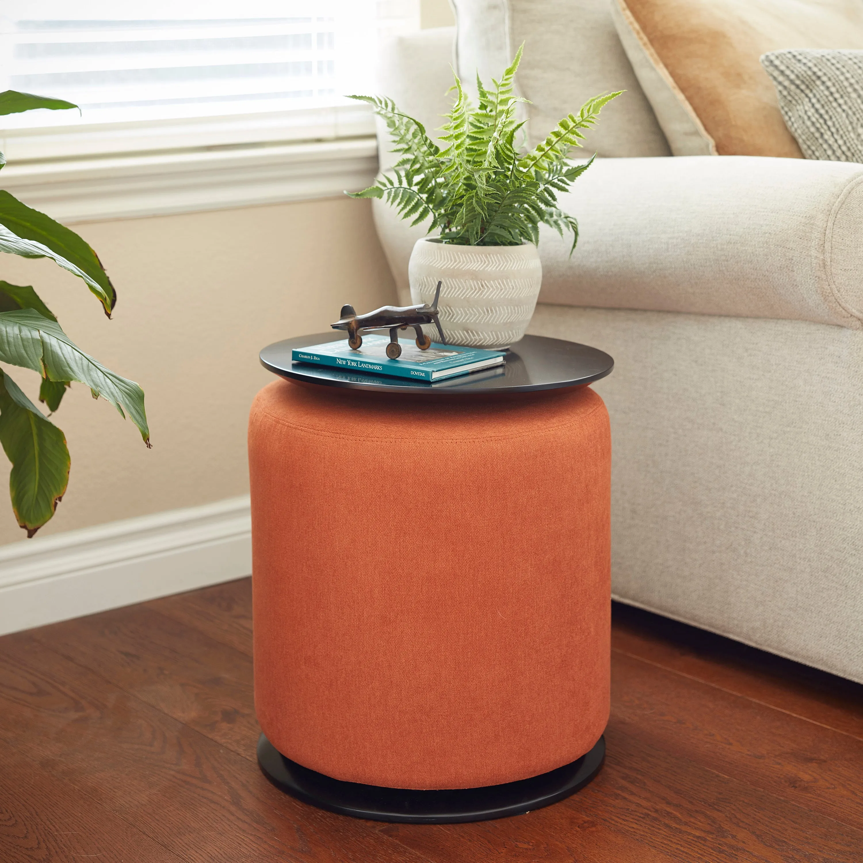 Black Accent Table with Nesting Lightweight Ottoman, 2-Piece