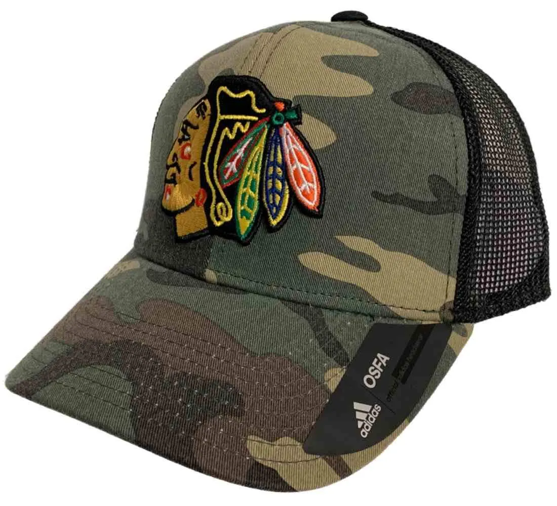 Chicago Blackhawks Adidas Camo Black Mesh Structured Snapback Trucker Hat Cap
