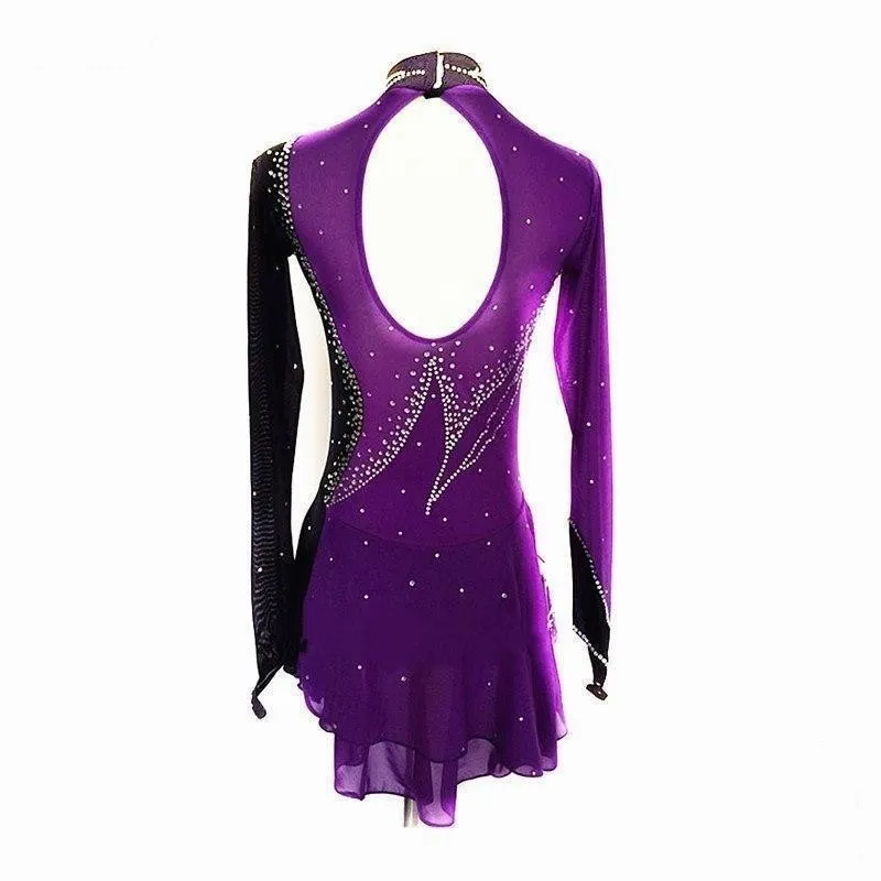 Competition Figure Skating Dress Purple & Black Long Sleeves,