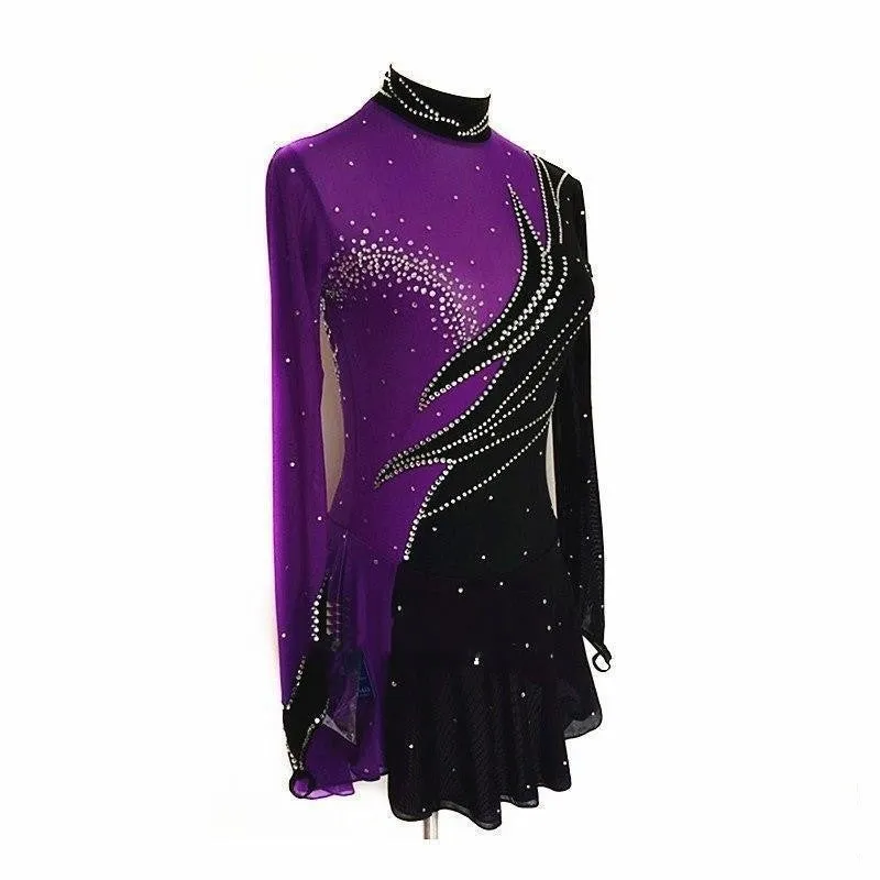 Competition Figure Skating Dress Purple & Black Long Sleeves,