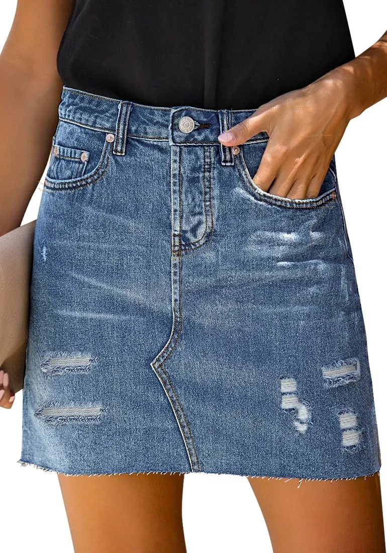 Dark Blue Raw Hem Distressed Denim Mini Skirt