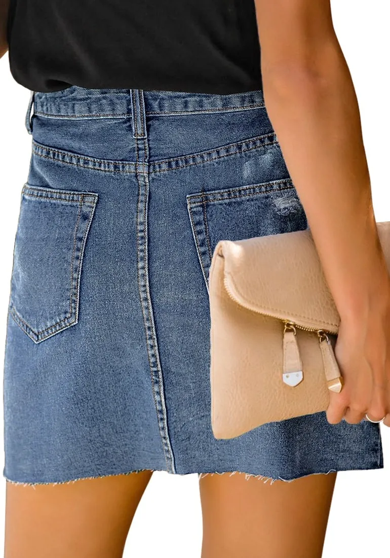 Dark Blue Raw Hem Distressed Denim Mini Skirt