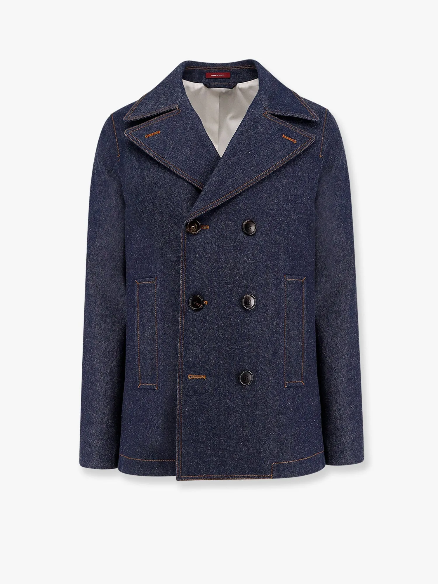Denim peacoat with contrasting stitching