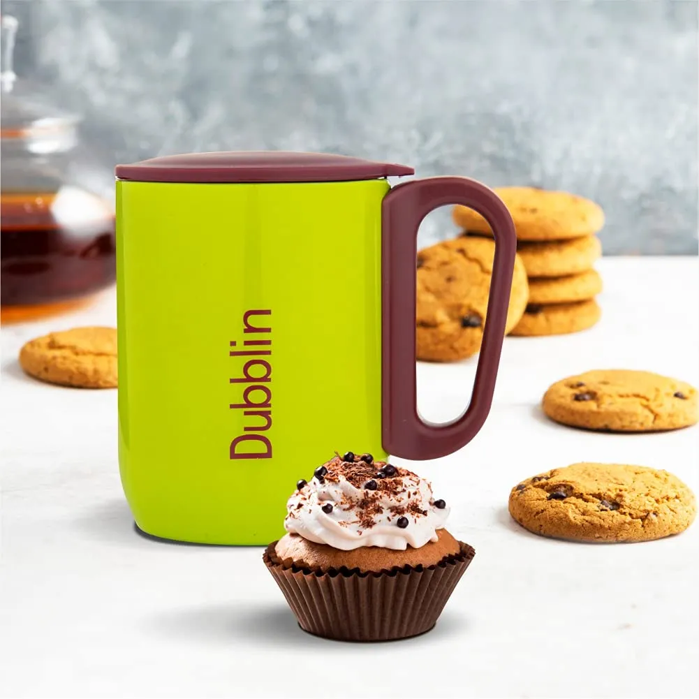DUBBLIN Polo Stainless Steel Unbreakable Tea Coffee Mug Double Wall Insulated with Handle and Lid, Wide Mouth Mug Keeps Beverages Hot & Cold 220 ML Parrot Green