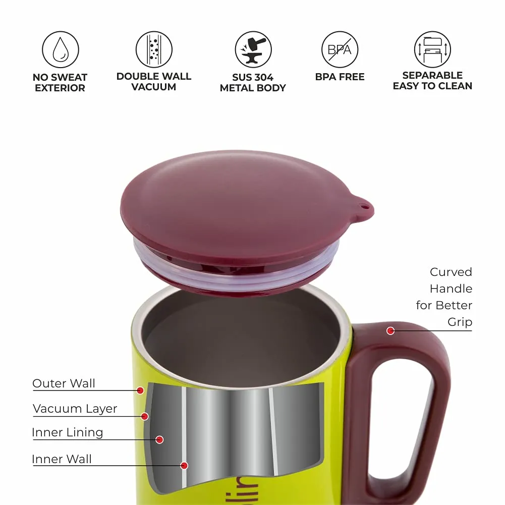 DUBBLIN Polo Stainless Steel Unbreakable Tea Coffee Mug Double Wall Insulated with Handle and Lid, Wide Mouth Mug Keeps Beverages Hot & Cold 220 ML Parrot Green