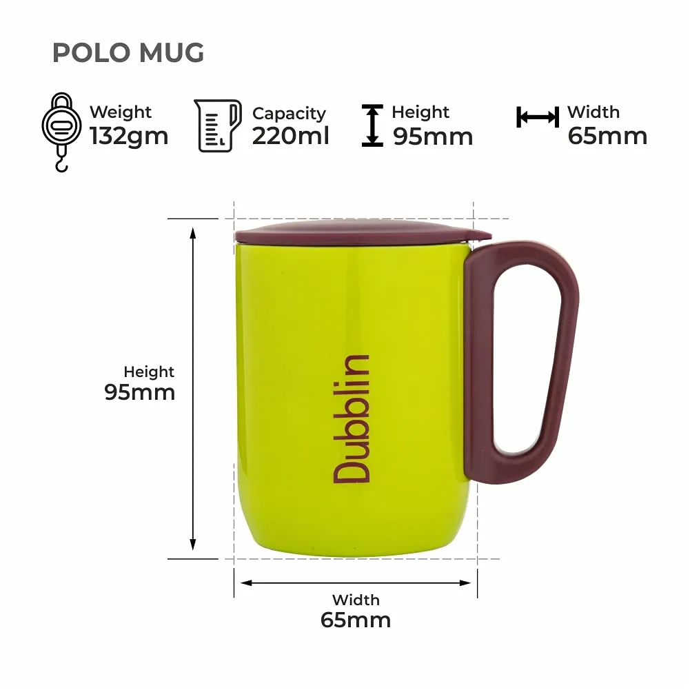 DUBBLIN Polo Stainless Steel Unbreakable Tea Coffee Mug Double Wall Insulated with Handle and Lid, Wide Mouth Mug Keeps Beverages Hot & Cold 220 ML Parrot Green
