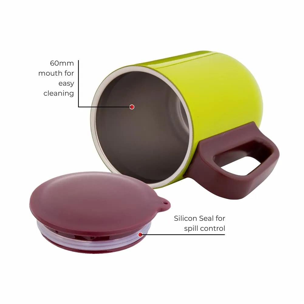 DUBBLIN Polo Stainless Steel Unbreakable Tea Coffee Mug Double Wall Insulated with Handle and Lid, Wide Mouth Mug Keeps Beverages Hot & Cold 220 ML Parrot Green
