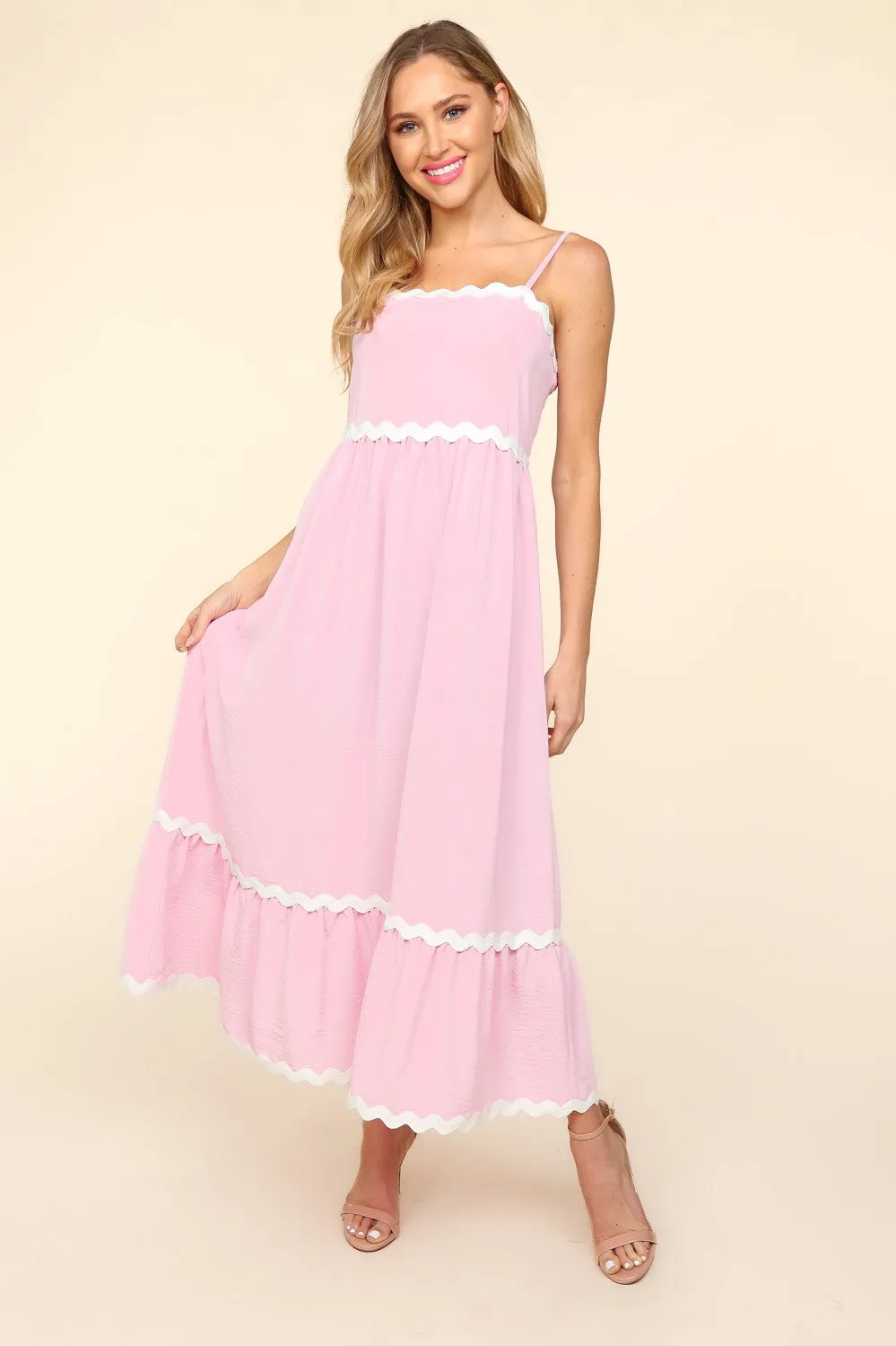 Haptics Solid Color Maxi Dress with Contrasting Ric Rac Trim in Lilac