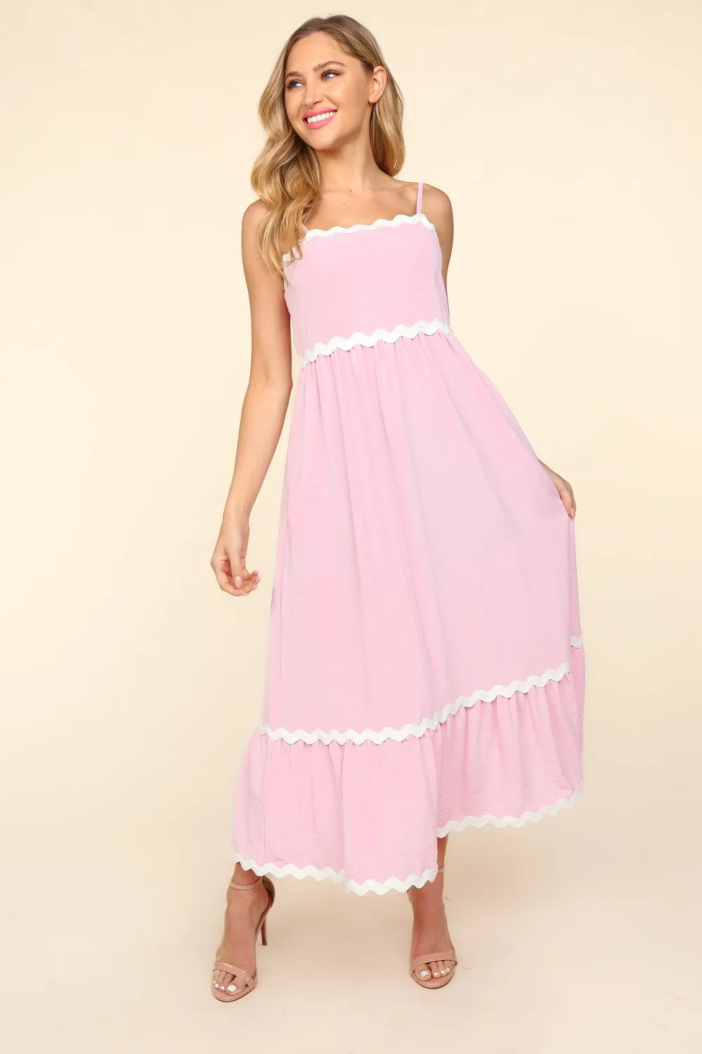 Haptics Solid Color Maxi Dress with Contrasting Ric Rac Trim in Lilac
