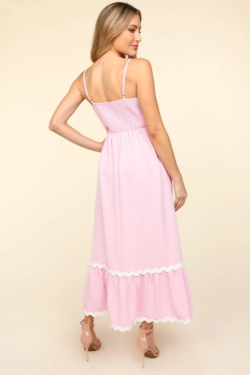 Haptics Solid Color Maxi Dress with Contrasting Ric Rac Trim in Lilac