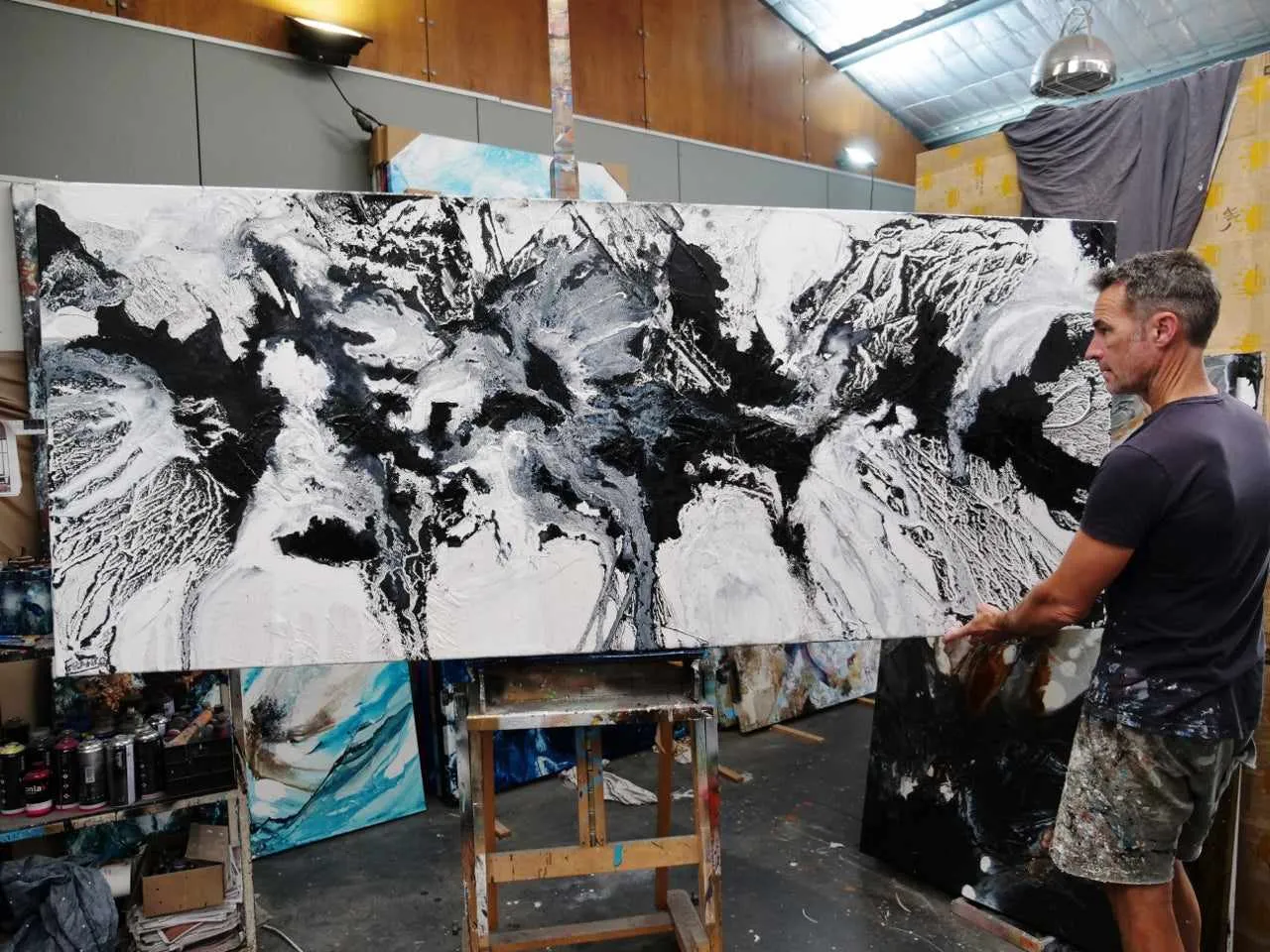 Iced Carbon 240cm x 100cm White Black Textured Abstract Painting (SOLD)