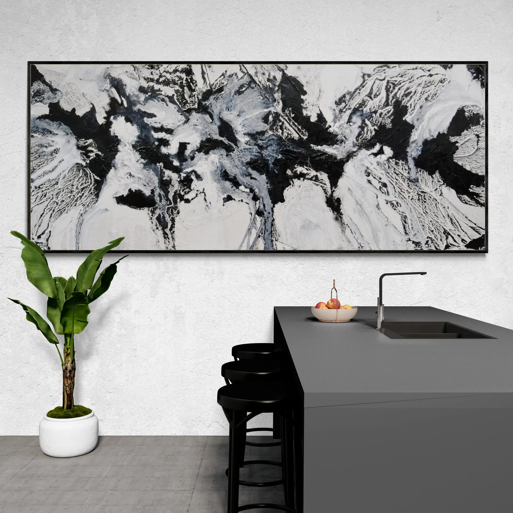 Iced Carbon 240cm x 100cm White Black Textured Abstract Painting (SOLD)