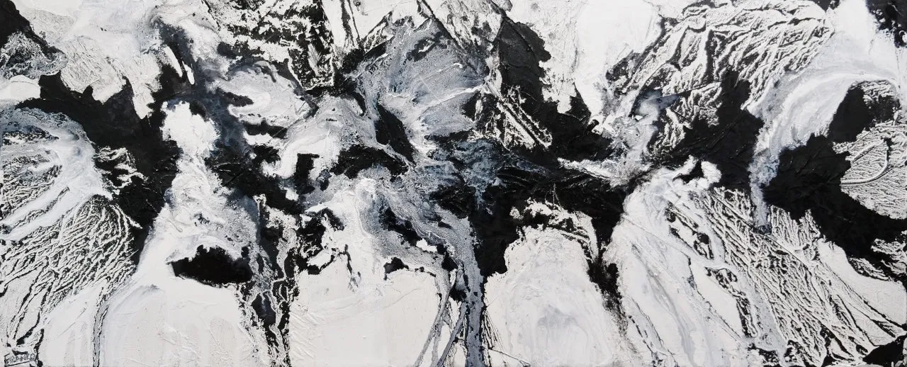 Iced Carbon 240cm x 100cm White Black Textured Abstract Painting (SOLD)