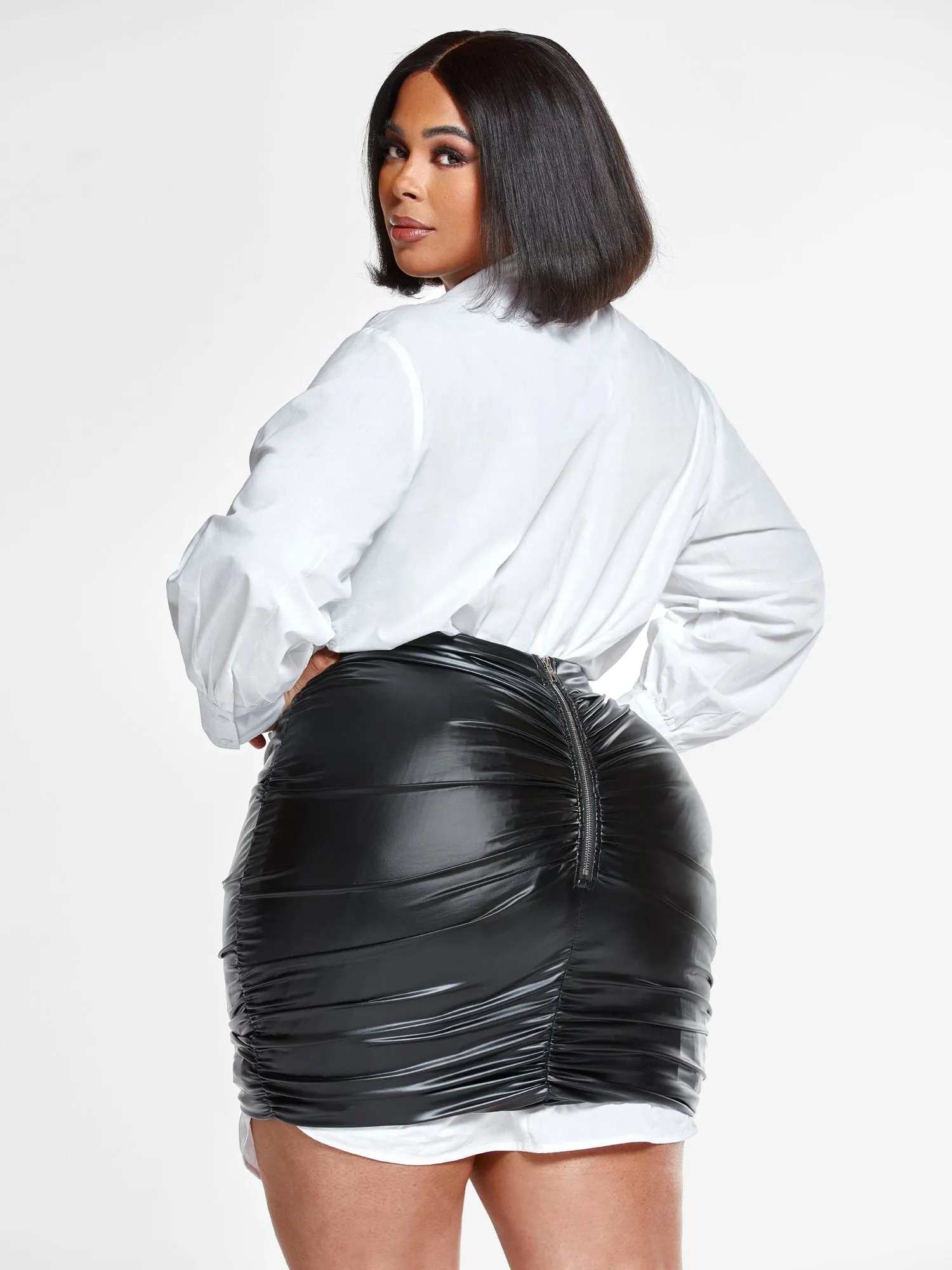 Paulina Faux Leather Skirt with Ruching Detail