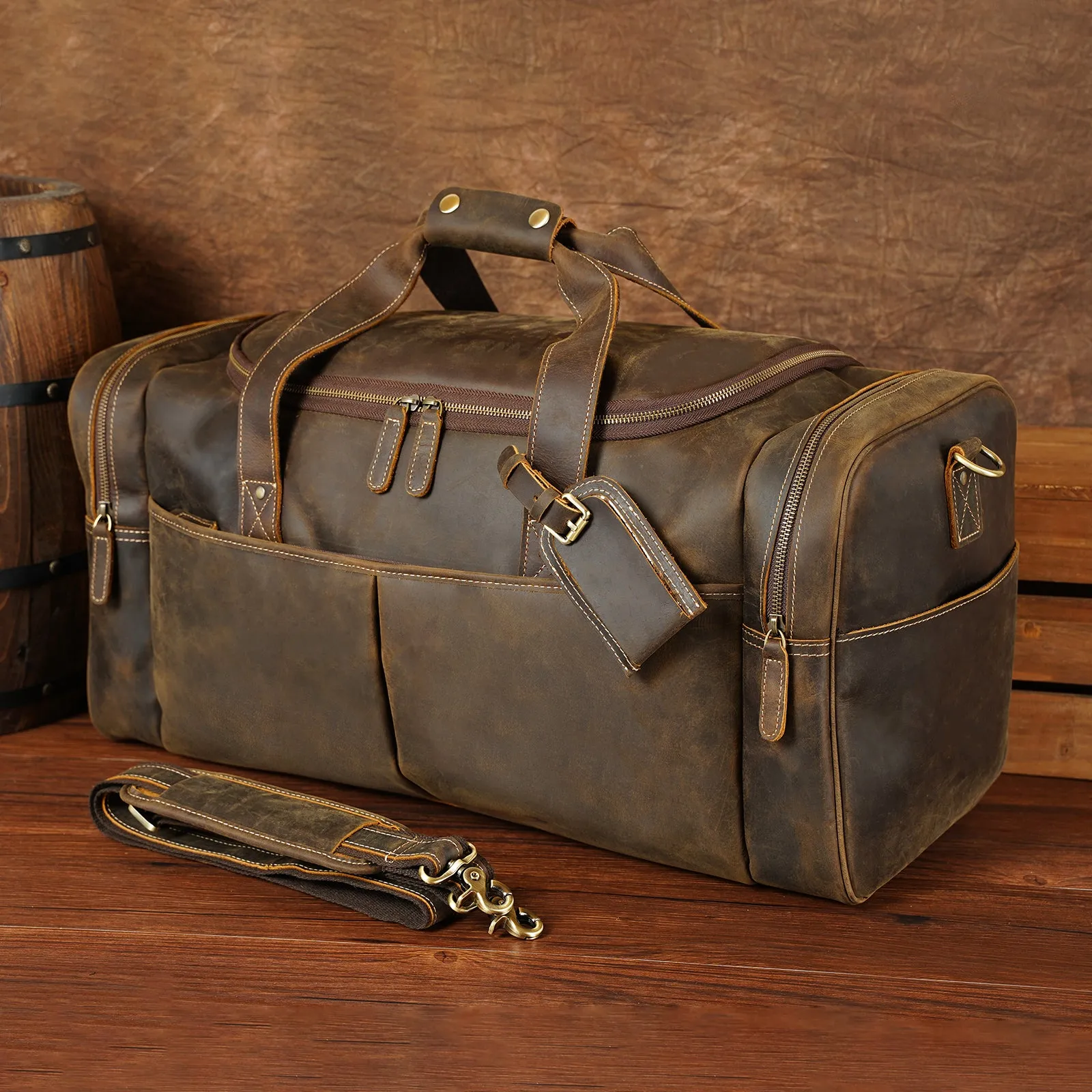 Polare 24 Inch Leather Duffel Bag for Men Full Grain Leather Travel Overnight Gym Sports Weekender Bag Large