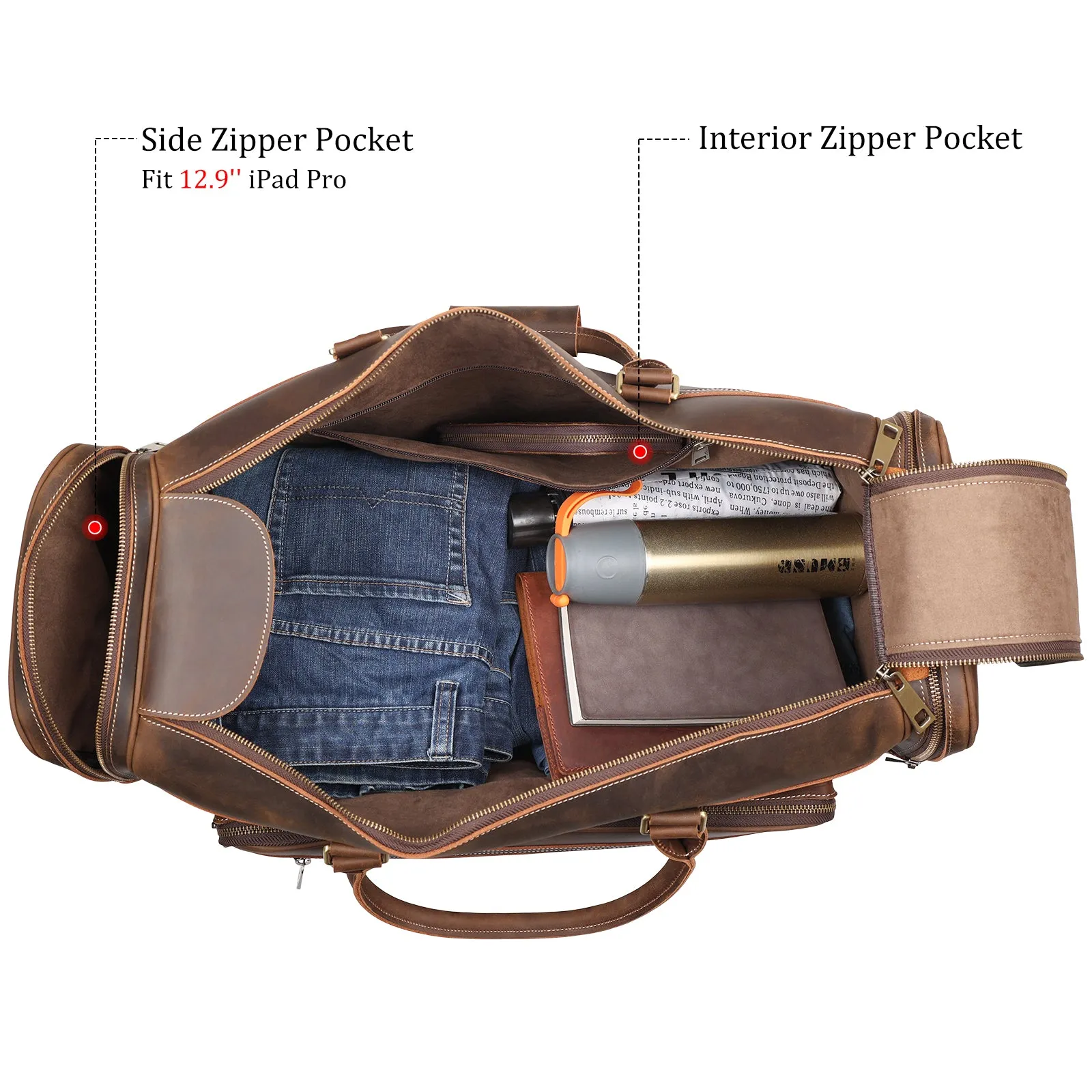 Polare 24" Retro Full Grain Leather Duffel Weekender Travel Overnight Luggage Bag With YKK Metal Zippers