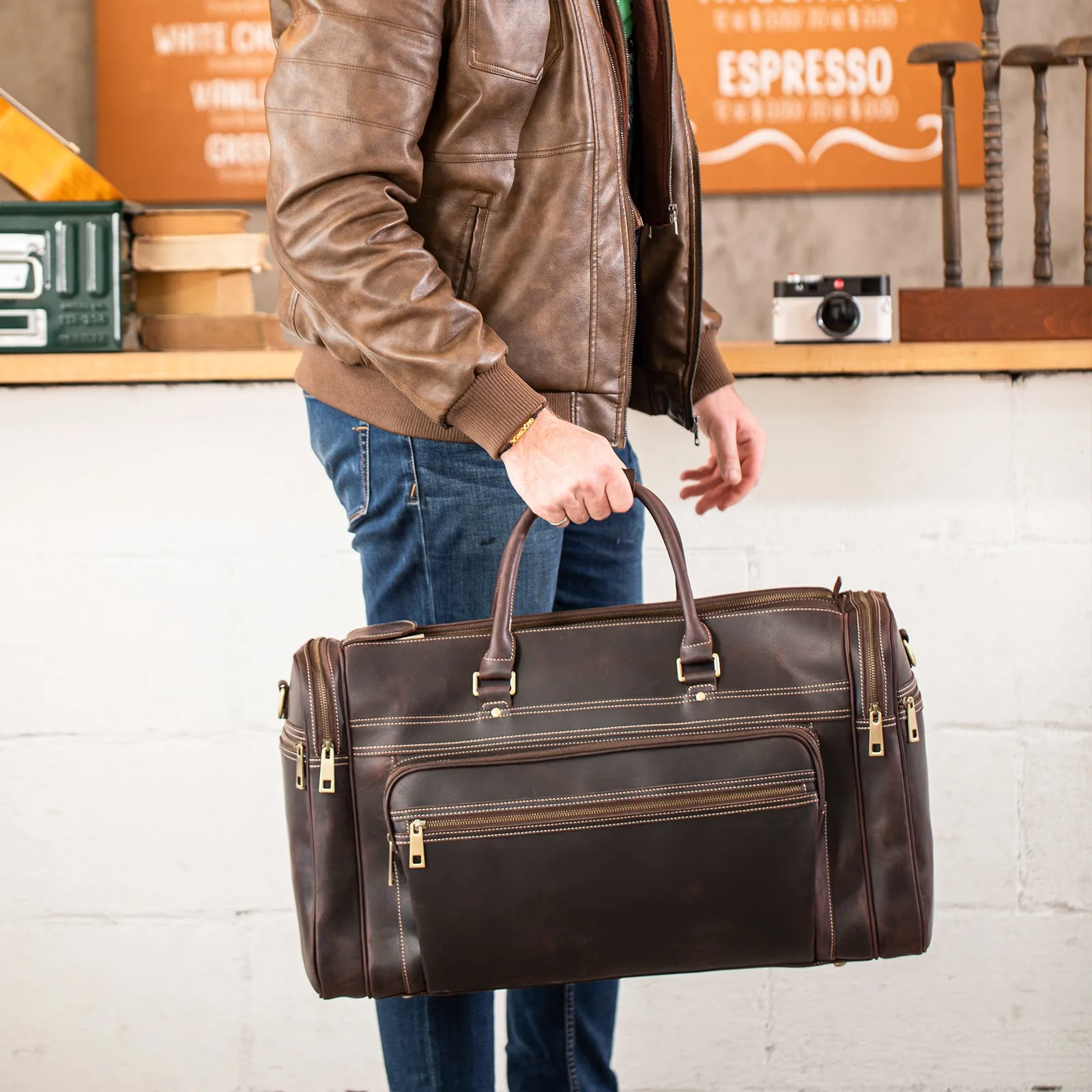 Polare 24" Retro Full Grain Leather Duffel Weekender Travel Overnight Luggage Bag With YKK Metal Zippers