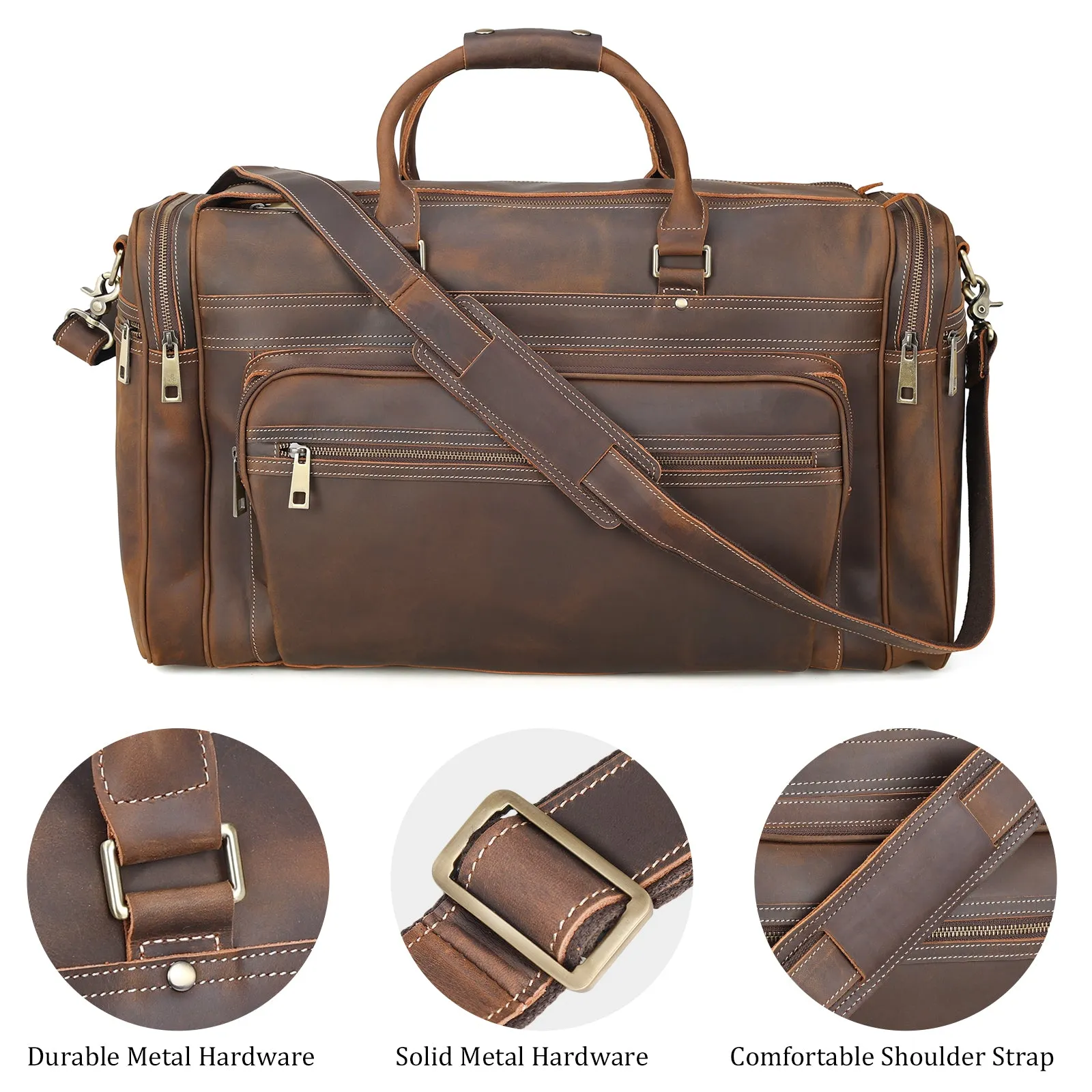 Polare 24" Retro Full Grain Leather Duffel Weekender Travel Overnight Luggage Bag With YKK Metal Zippers
