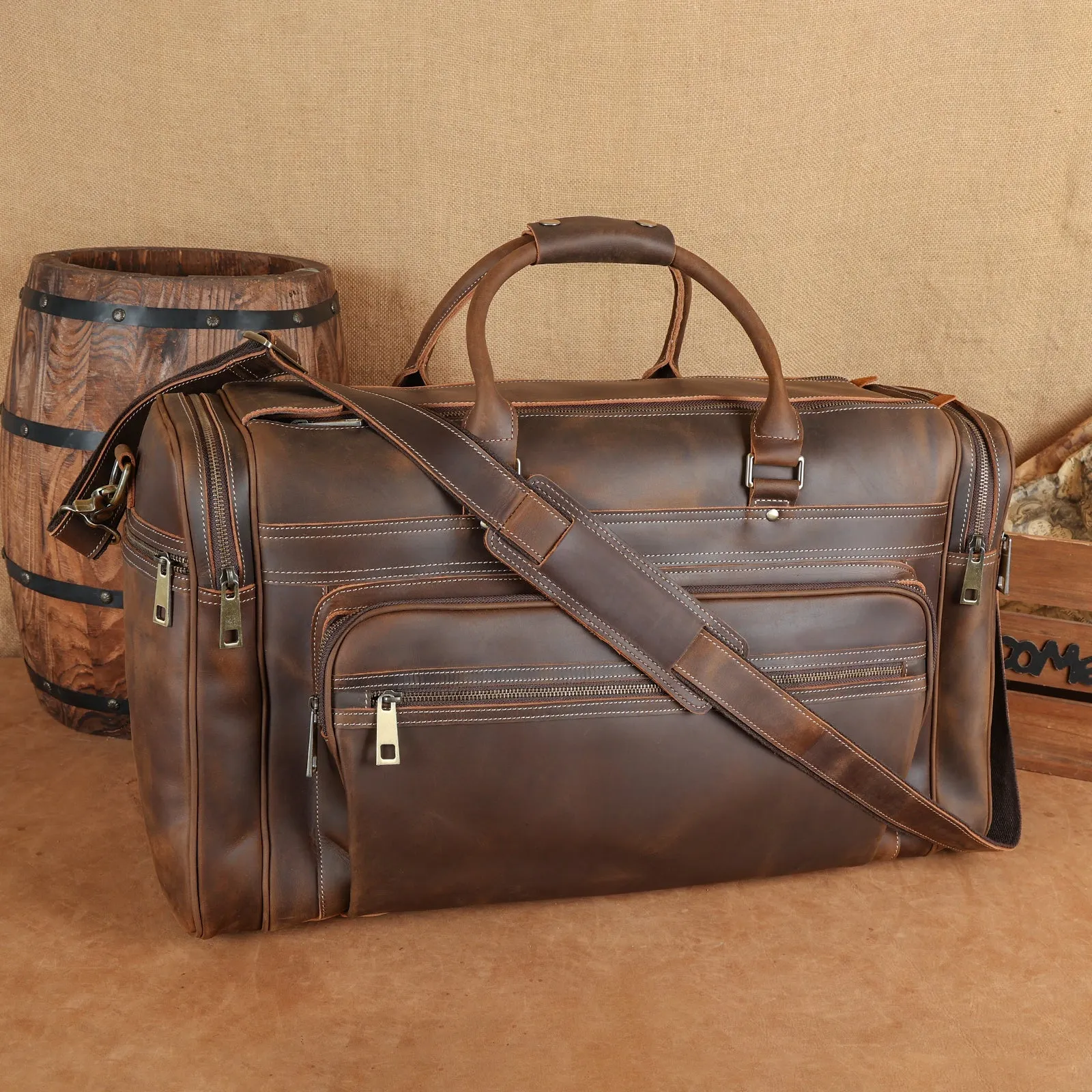 Polare 24" Retro Full Grain Leather Duffel Weekender Travel Overnight Luggage Bag With YKK Metal Zippers