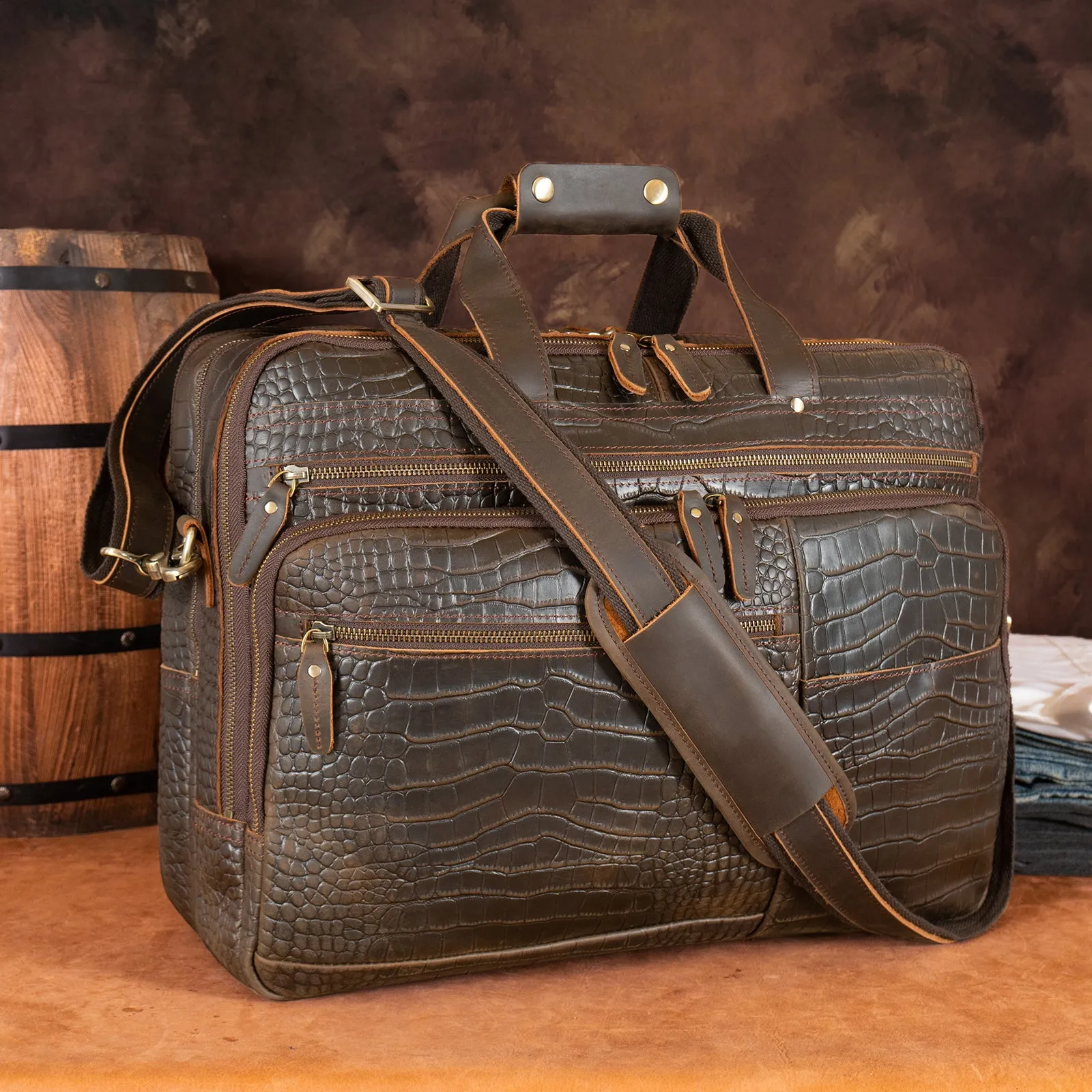 Polare X-Large 18" Crocodile Pattern Cowhide Leather Briefcase For Men Business Travel Case Messenger Bag Fits 17.3" Laptop