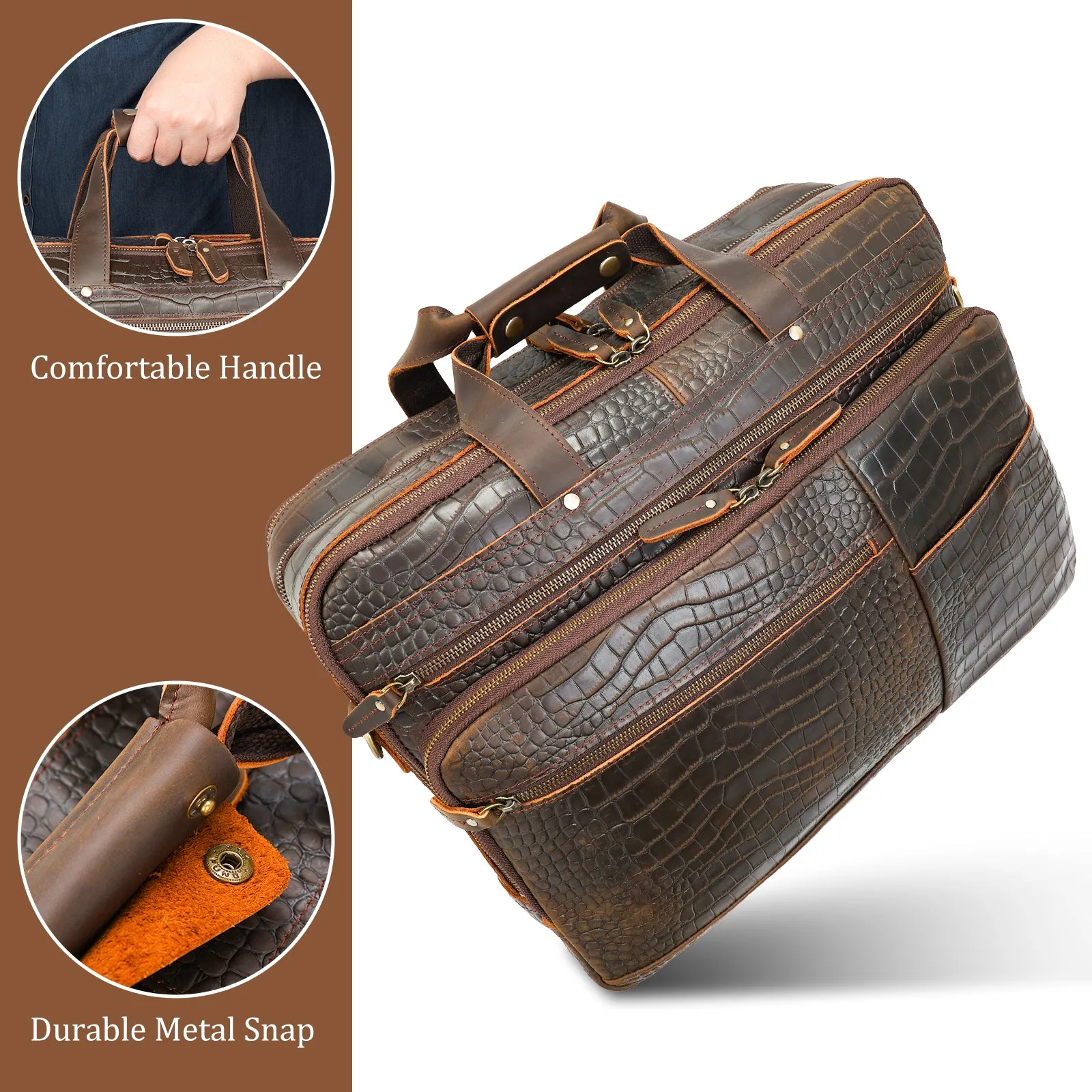 Polare X-Large 18" Crocodile Pattern Cowhide Leather Briefcase For Men Business Travel Case Messenger Bag Fits 17.3" Laptop