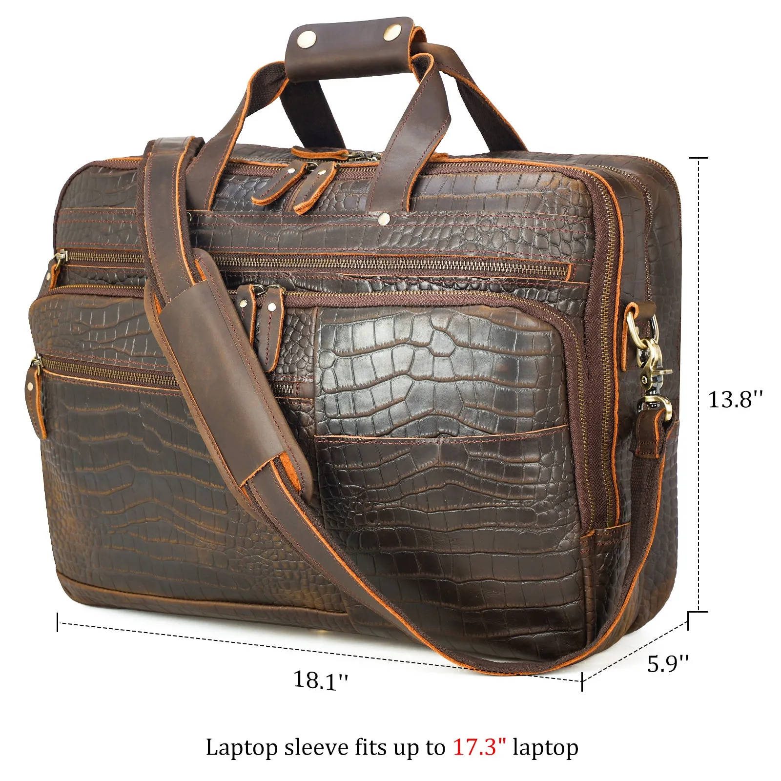 Polare X-Large 18" Crocodile Pattern Cowhide Leather Briefcase For Men Business Travel Case Messenger Bag Fits 17.3" Laptop
