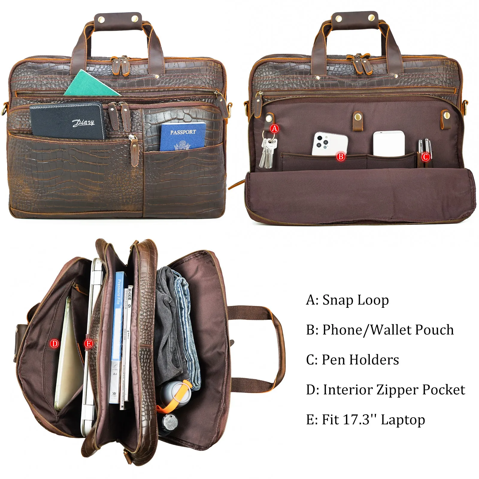 Polare X-Large 18" Crocodile Pattern Cowhide Leather Briefcase For Men Business Travel Case Messenger Bag Fits 17.3" Laptop