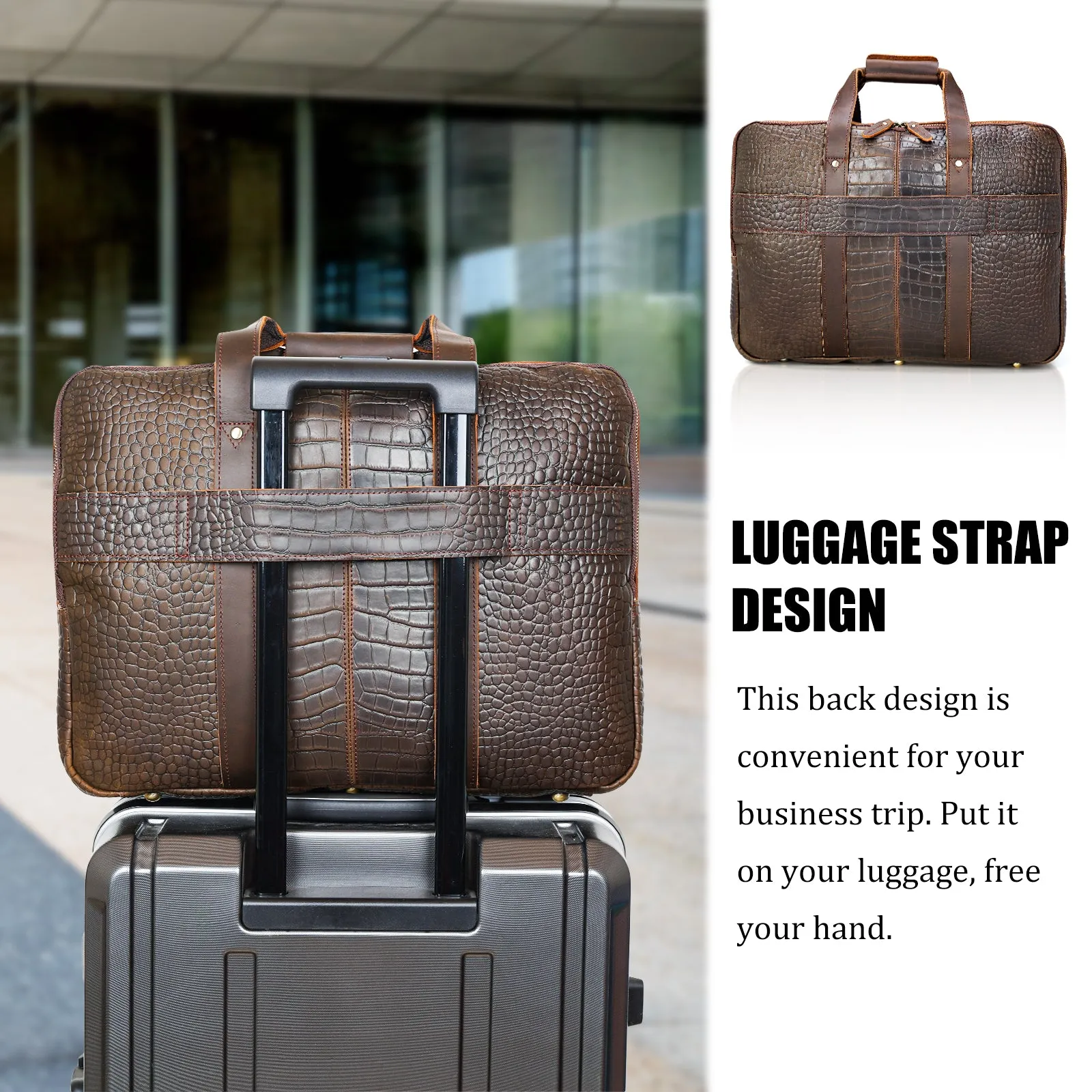 Polare X-Large 18" Crocodile Pattern Cowhide Leather Briefcase For Men Business Travel Case Messenger Bag Fits 17.3" Laptop
