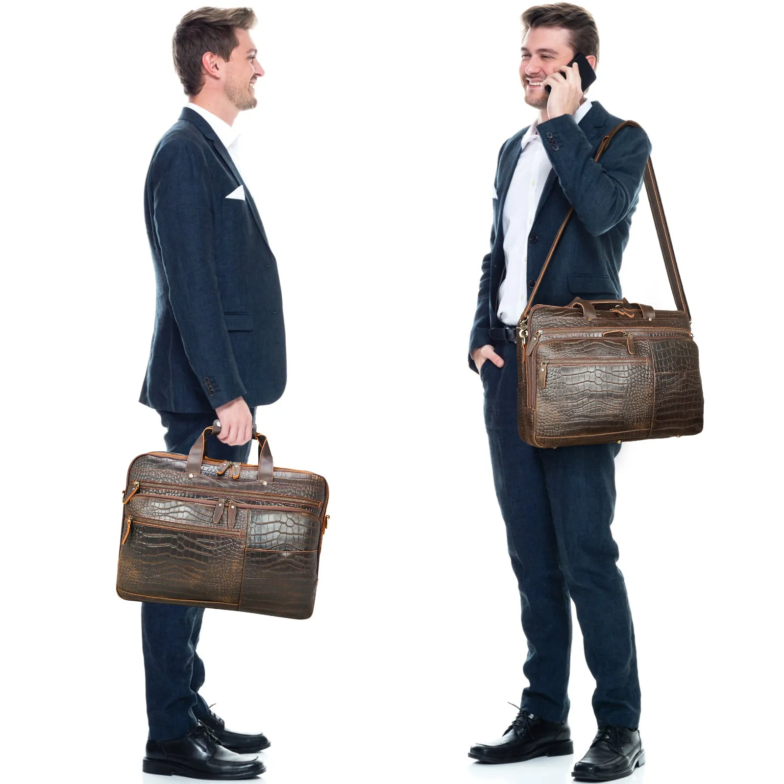 Polare X-Large 18" Crocodile Pattern Cowhide Leather Briefcase For Men Business Travel Case Messenger Bag Fits 17.3" Laptop
