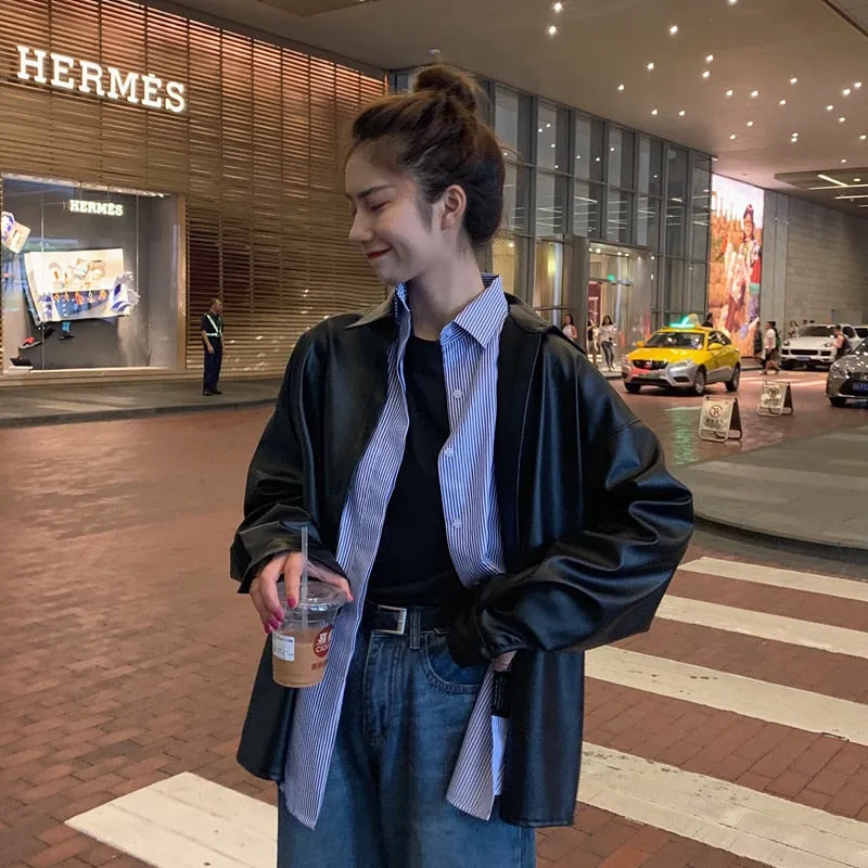 Purpdrank - New Women oversized PU leather blouses Spring Autumn Black Faux Leather Basic Coat Turn-down Collar Motor Biker Jacket