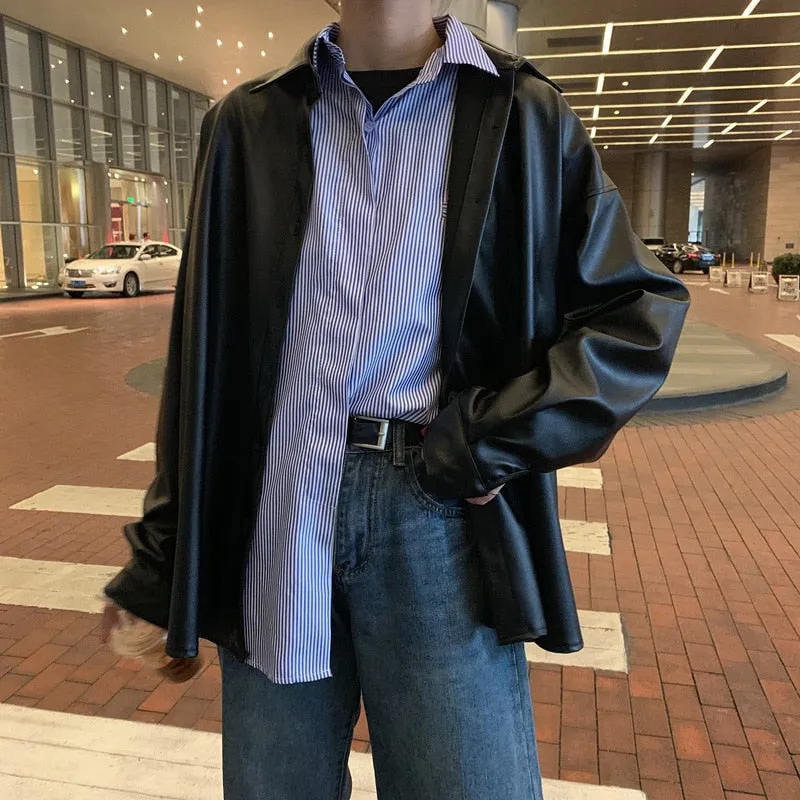 Purpdrank - New Women oversized PU leather blouses Spring Autumn Black Faux Leather Basic Coat Turn-down Collar Motor Biker Jacket