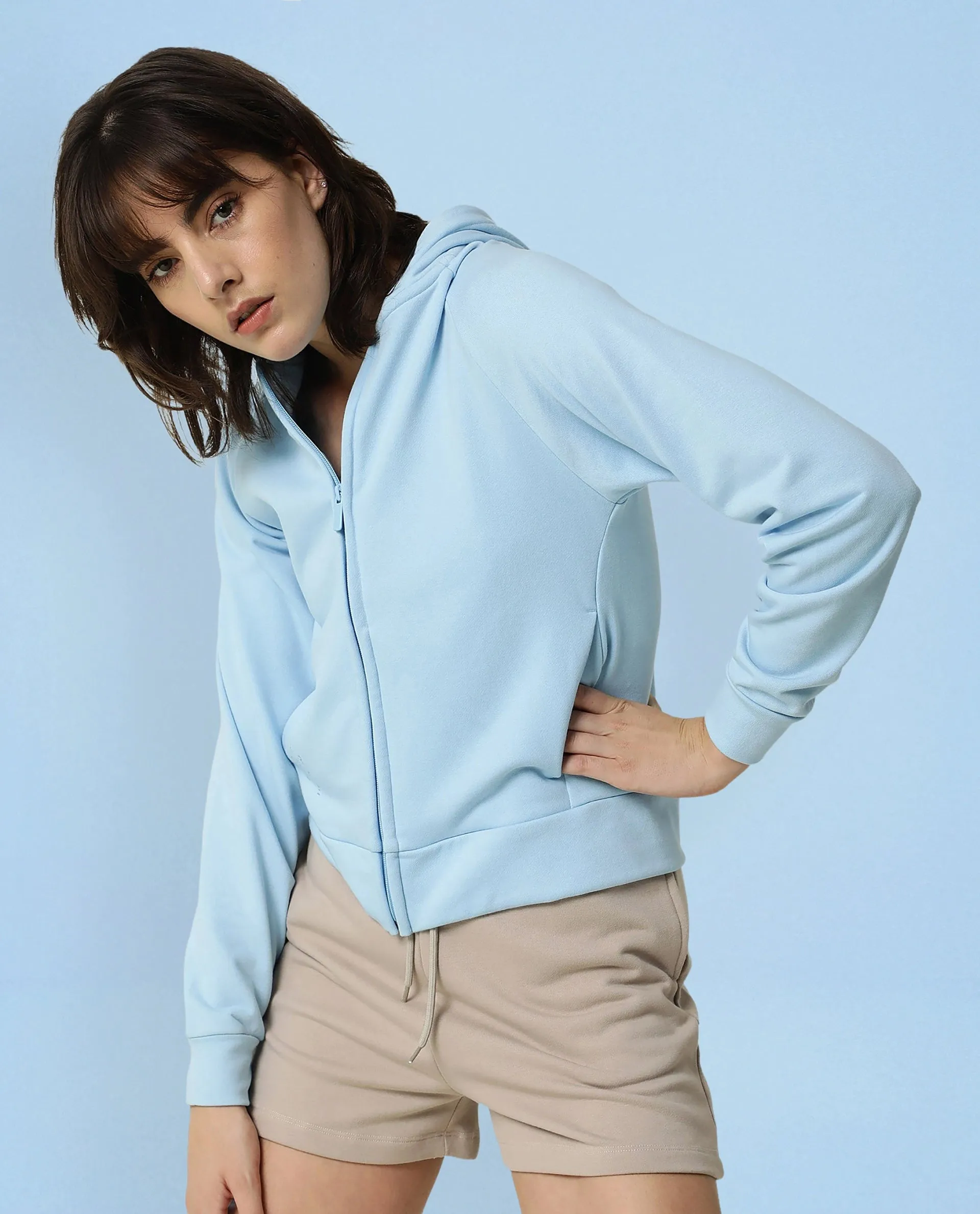 Rareism Women Capper Blue Cotton Blend Fabric Full Sleeves Solid Hooded Jacket