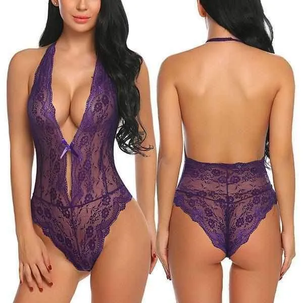 Scandalous Purple Lace Halter Bodysuit Teddy Lingerie Intimates
