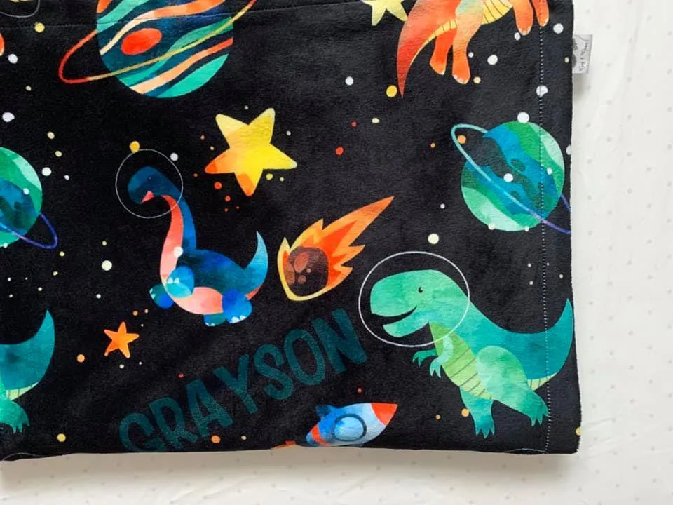 Space Dinosaur Print Personalized Minky Blanket (Luxe Minky)